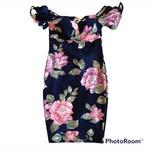 Olive Tree navy blue floral off the shoulder bodcon mini dress size small